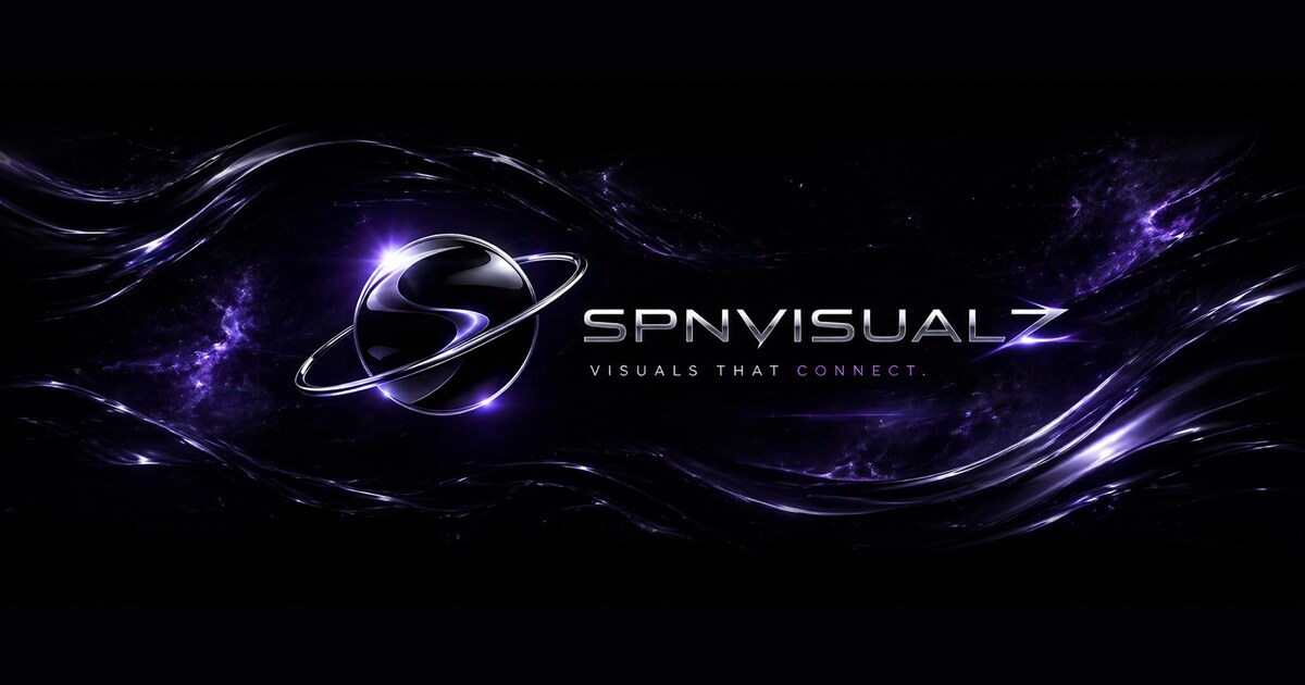 SPNVISUALZ chrome planet logo framed by flowing violet cosmic forms on black