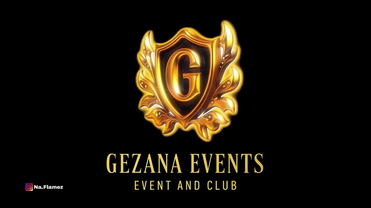 Gezana Events logo animation frame with a dimensional silver emblem on a dark background